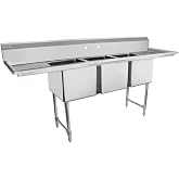 Empura 88" Wide Stainless Steel Three Compartment Commercial Sink | Prep Utility 16" x 20" Bowl for Restaurant Laundry | (2) 18" Drainboard, 9.75" Backsplash, 88"W x 25.5"D x 44.25"H, 16 Gauge, NSF