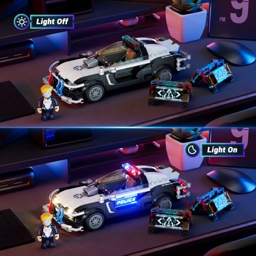 FUNWHOLE Police Patrol Car Illuminated Building Block Set - Cyberpunk City Car Hunting Playset with Police Officer, 372 Pieces, STEM Toy for Adults and Teenagers