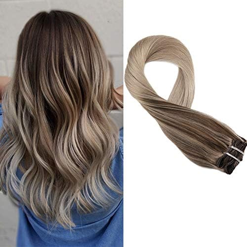 Mosoo 18 Inch Human Hair Extensions Clip on Hair Balayage Hair Color Clip in Human Hair Extensions Color #4 Brown Fading to #6 and #18 Ash Blonde Human Hair Exensions Clip in 9PCS 120G