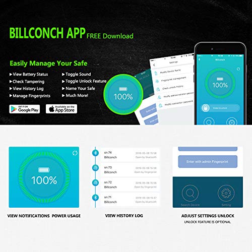 BILLCONCH Biometric Gun Safe, Smart Handgun Safe with APP Two Guns Capacity Pistol Safe with Auto-Open Lid and Rechargeable Battery (Black Biometric Safe)