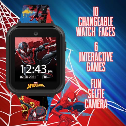 Spider-Man Kids LED Smartwatch with 10 Watch Faces, Flashing LED Bezel, Step Counter, Selfie and Video Camera, Timer, Stopwatch, Alarm, Calculator, Fun Games, and 3 Wallpapers – Fits Wrists 5.5