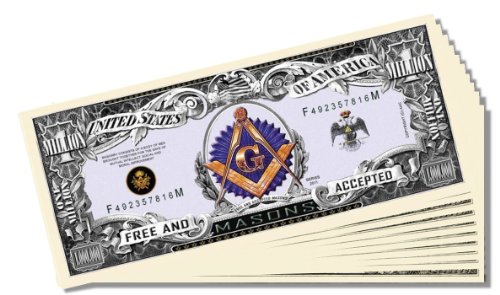 Set of 10 Freemason Masonic Novelty Million Dollar Bills with 1 Bonus Clear Protector & 1 Christopher Columbus Bill