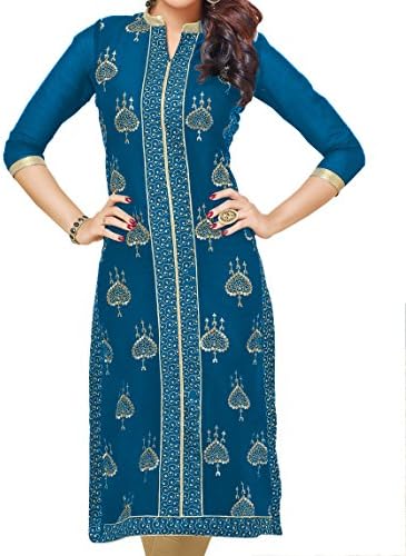 Kurti Mania Women's Silk Dress Golden hearts (Blue, Petite-M)