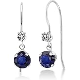 Gem Stone King 14K White Gold Blue Sapphire and White Diamond French Wire Dangle Hook Earrings For Women (1.24 Cttw, Gemstone September Birthstone, Round 5MM and 2.5MM)