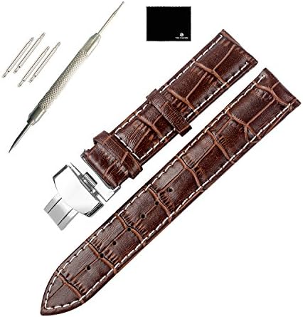 TON CHARME Calf Leather Watchband With Butterfly Deployment Clasp Black/Brown/Light Brown 18/20/22mm (22mm, Brown×White Stitching)