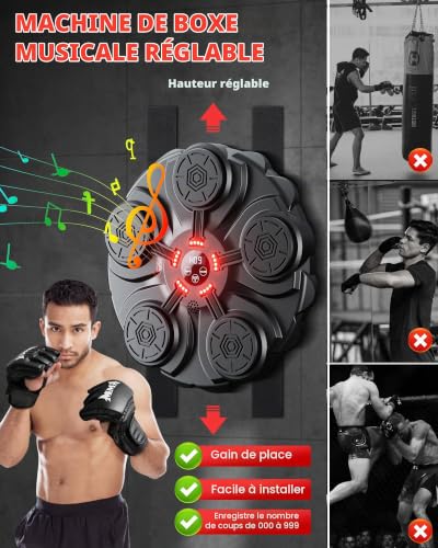 yorraka Machine de Boxe Musicale Adulte - Bluetooth Beatpunch Boxe Mural Musique avec Gants de Boxe - 9 Vitesses Réglables et Comptage Music Boxing Machine pour Enfants Entraînement à la Maison