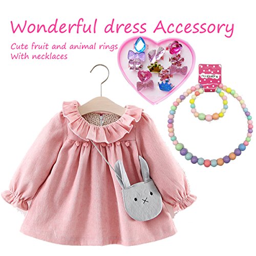 IDOXE 17pcs Value Set Baby Jewelry Set for Girls, Solid Chunky Bubblegum Beaded Necklace Bracelet with Cartoon Animal Flowers Fruit Rings Box Baby Girl Party Play Jewelry - Thumbnail 5