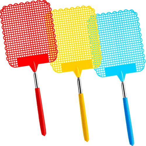 Tatuo 3 Pieces Large Extendable Fly Swatter, Manual Swat Pest Control with Strong Flexible Durable Telescopic Handle, Lightweight (Multicolor A)