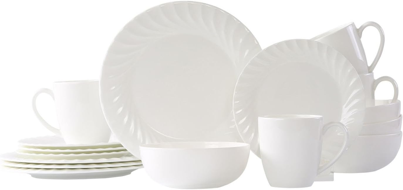 WhitePeony Pleat 16-Piece Classic Durable Bone China Dinnerware Set, Elegant, Service for 4