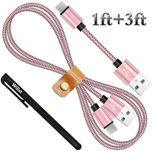 Wilist 2 Pack 1ft + 3ft Short and Long Nylon Braided USB Type C Cable USB C 3.1 to USB A Adapter Data Sync Charging Cord Support Quick Charge 3.0 or 2.0 Charger for USB-C Connector Devices Rose-Gold
