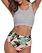 BeachQueen Women Retro Two Piece Striped Top High Waisted Leaf Bottom Swimsuit