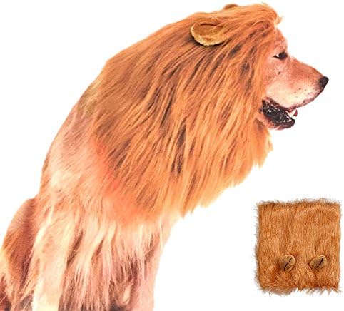 Zoolynaa Pet Dog Lion Wigs Mane Hair Party Fancy Medium/Large Sized Dog Costume Hat With Ears Light Brown