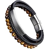 REchoLI Tiger Eye Bracelet for Men,Stainless Steel Buckle Natural Men's Tiger Eye Stone Beaded Cuff Black Woven Leather Multi-Layer Bracelet 21 cm/8.26 inches