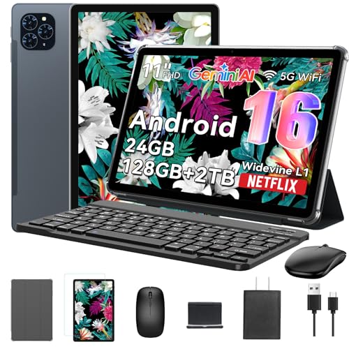 Tablet 2026 World's First Android 16 Tablet with Gemini AI, 11 Inch FHD Display, 24GB RAM 128GB ROM /2TB TF, T7250 CPU+13MP Camera, 8000mAh, Widevine L1, 2 in 1 Tablets with Keyboard Mouse Stylus