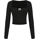 Floerns Girl's Bow Long Sleeve T Shirts Lace Trim Square Neck Fitted Cute Tee Tops