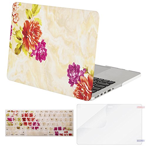 Mosiso Plastic Pattern Hard Case with Keyboard Cover with Screen Protector Only for MacBook Pro Retina 13 Inch No CD-Rom (A1502 / A1425, Version 2015/2014/2013/end 2012), Gold Marble Peony