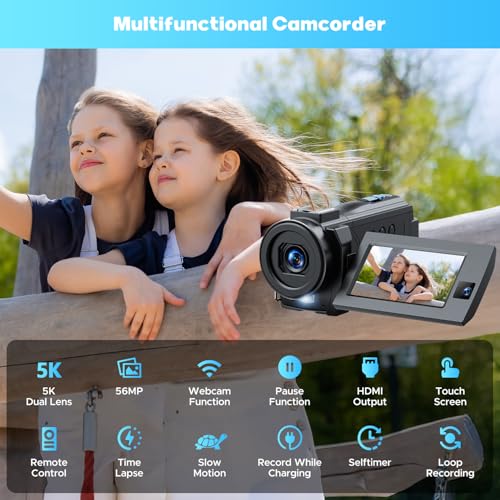 Camcorder Video Camera 5K, 56MP Youtube Vlogging Camera, 3" 270° Rotatable Touchscreen WiFi Cam corder, 16X Digital Zoom, Night Vision Camcorder with 64GB SD Card, 2 Batteries, Remote Control, Tripod