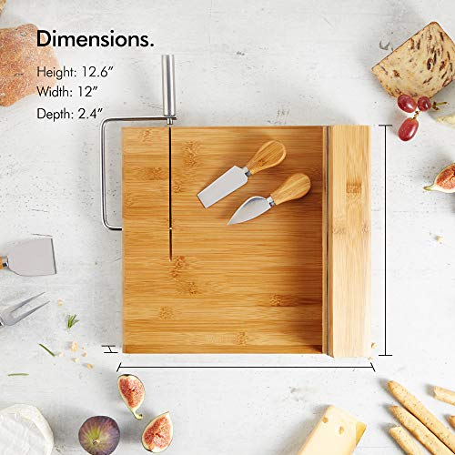 VonShef Bamboo Cheese Board Server Plate with Integrated Wire Cutter and 4 Piece Stainless Steel Cheese Knife Serving Utensil Set, wooden, with Gift Box