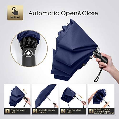 Wsky 12 Ribs Inverted Umbrella Windproof Automatic Folding Umbrella Teflon Coating Canopy Reverse Umbrella Portable Travel Umbrella Blue
