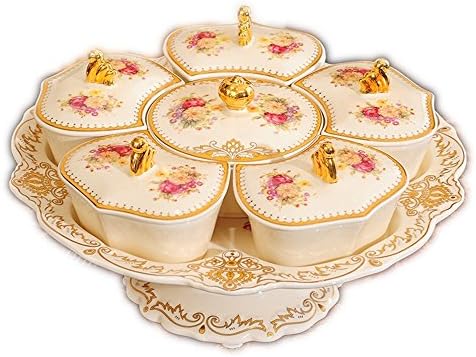 FYYDGZ Dried Fruit Platter Split Cover Living Room Candy Box Dry Fruit Box Home Snack Fruit Plate Ceramic,Hibiscus Rotates 6 Lattices (Circular Tray)