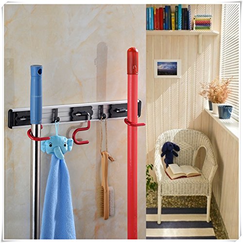Cavoli Wall Mounted Broom Hanger and Dust Mop Closet Equipment Storage Organizer 16 Inches (3 Positions & 2 Hooks)