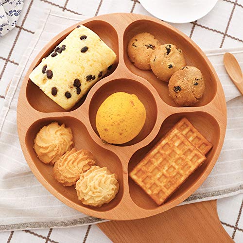 Best Wood Divided Serving Tray 11 inch Round Dessert Chip and Dip Dish Sandwich Appetizer Section Plates Compartment Cheese Platter