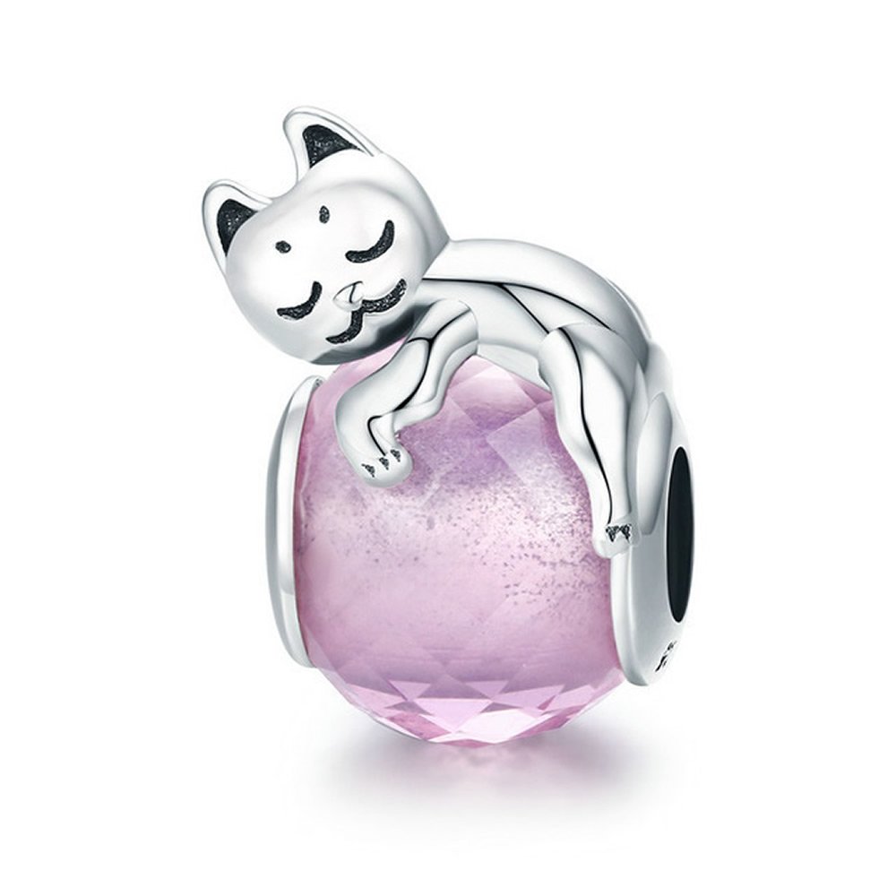 Pink Cat Authentic 100% 925 Sterling Silver Cute Cat Pussy Big Stone Charm Beads fit Women Bracelet DIY Beads Jewelry SCC447