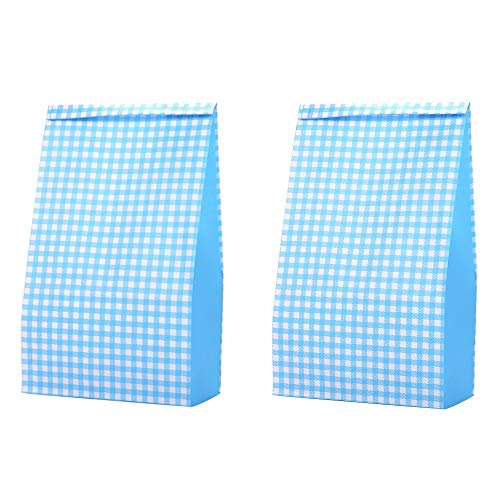 Small Decorative Grocery Bags Blue Colored 3 1/2 x 2 1/6 x 7 inch, Grid Recycling Paper for Candy Lunch Gifts Bread Popcorn Food Cookies Party Favor Baby Shower, Pack of 36 in Bulk