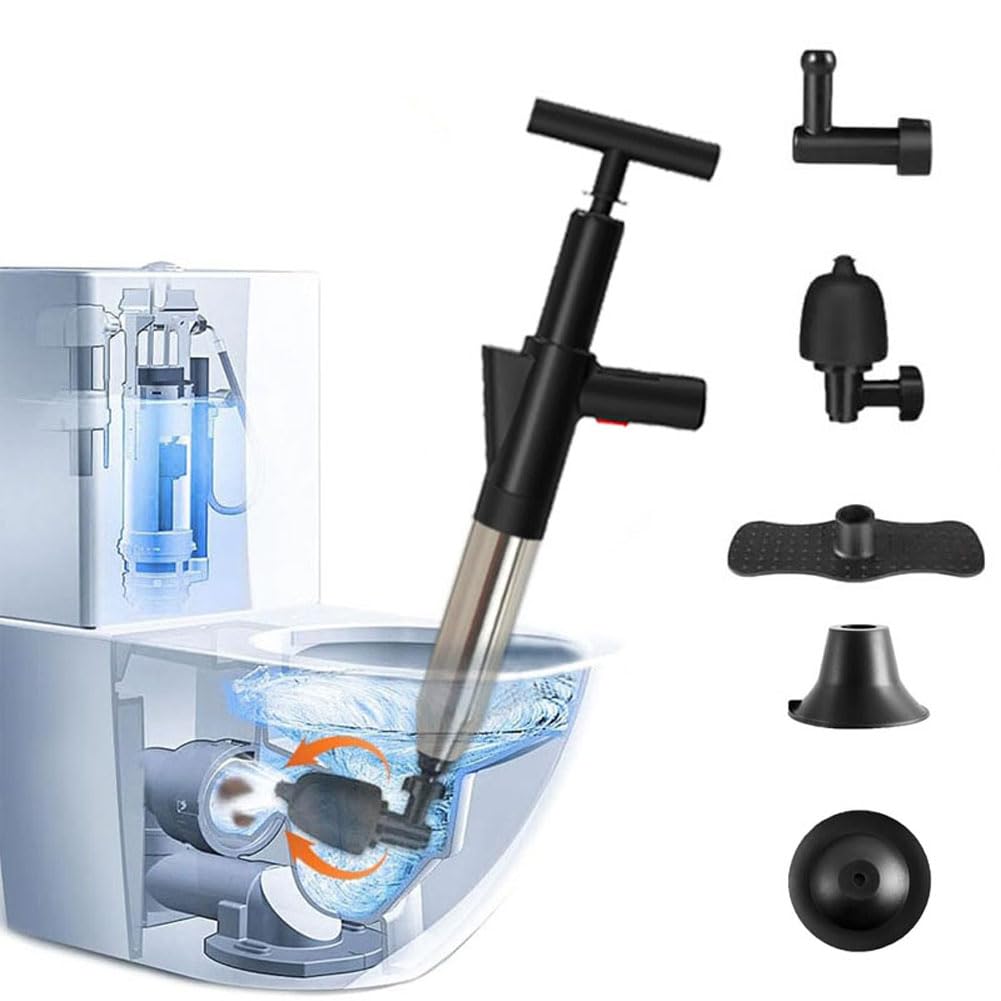WCIC High Pressure Air Blaster Drain Unblocker Gun & Toilet Plunger Kit with 4 Replaceable Heads - Unblocks Sinks, Toilets, Floor Drains, Shower Pipes & Clogs (Black)