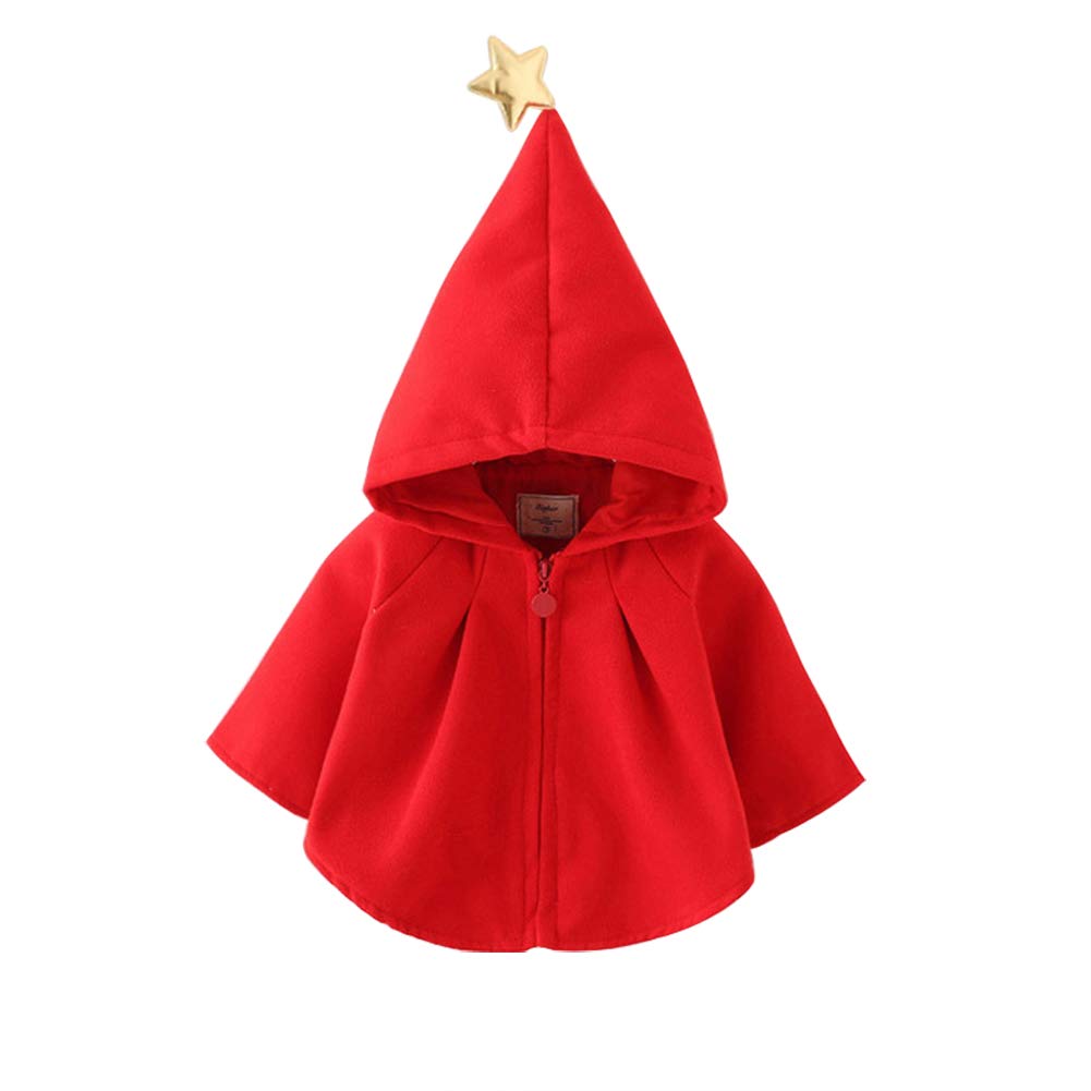 90 レッド リトルスター付き コート キッズ 女の子 ポンチョ 冬服 フード付きケープ マント パーカー Pinze B07hchqzpb コスチューム ハロウィン キッズコスチューム 売れ筋がひクリスマスプレゼント