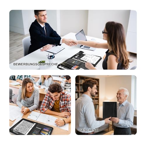 Leathario A4 Conference Folder, Writing Case with Ring Binder, Zip, Ring Binder Portfolio, Document Folder, Writing Pad, Black