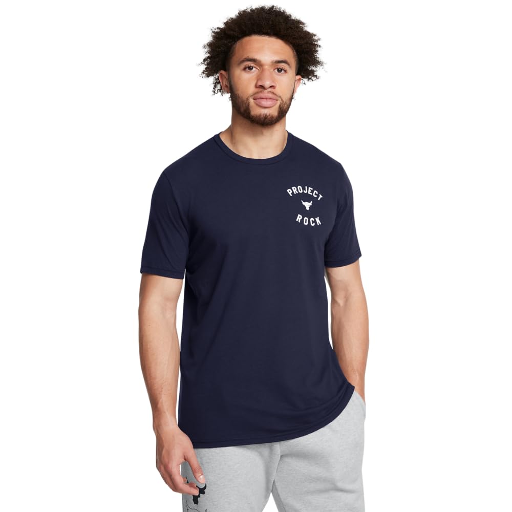 Under Armour Men’s Project Rock 7 Short Sleeve T Shirt, (410) Midnight Navy / / White, Small