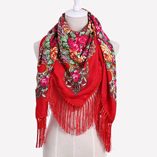 COSAUG Traditional Ukrainian Scarf and Wrap With Tassel Pavlovo Posad Shawl For Women Square Size (Red)