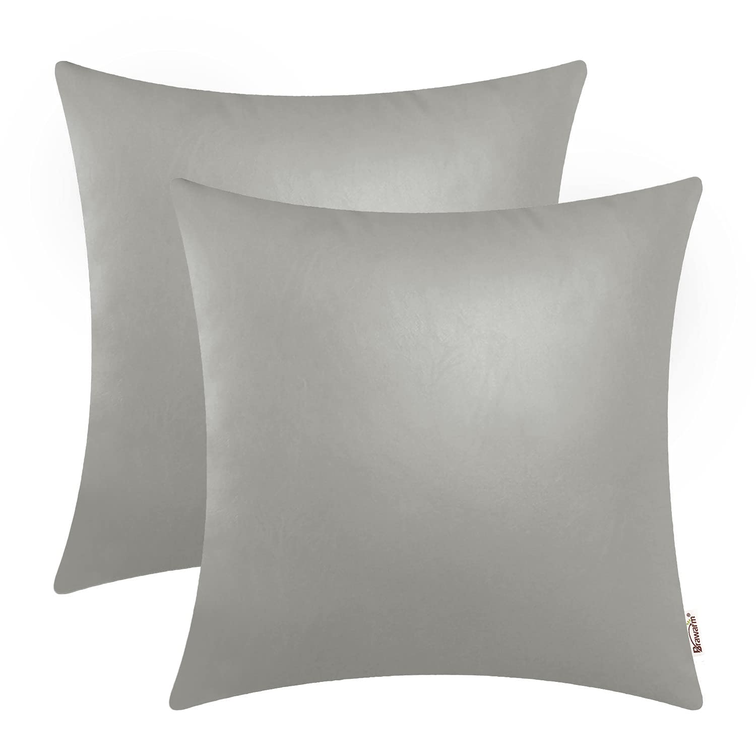 BRAWARM Decorative Throw Pillow Covers, Faux Leather Throw Pillow Cushion Covers, Solid Faux Leather Couch Cases for Living Room Garden Bed, Medium Gray, 45cm x 45cm, Pack of 2