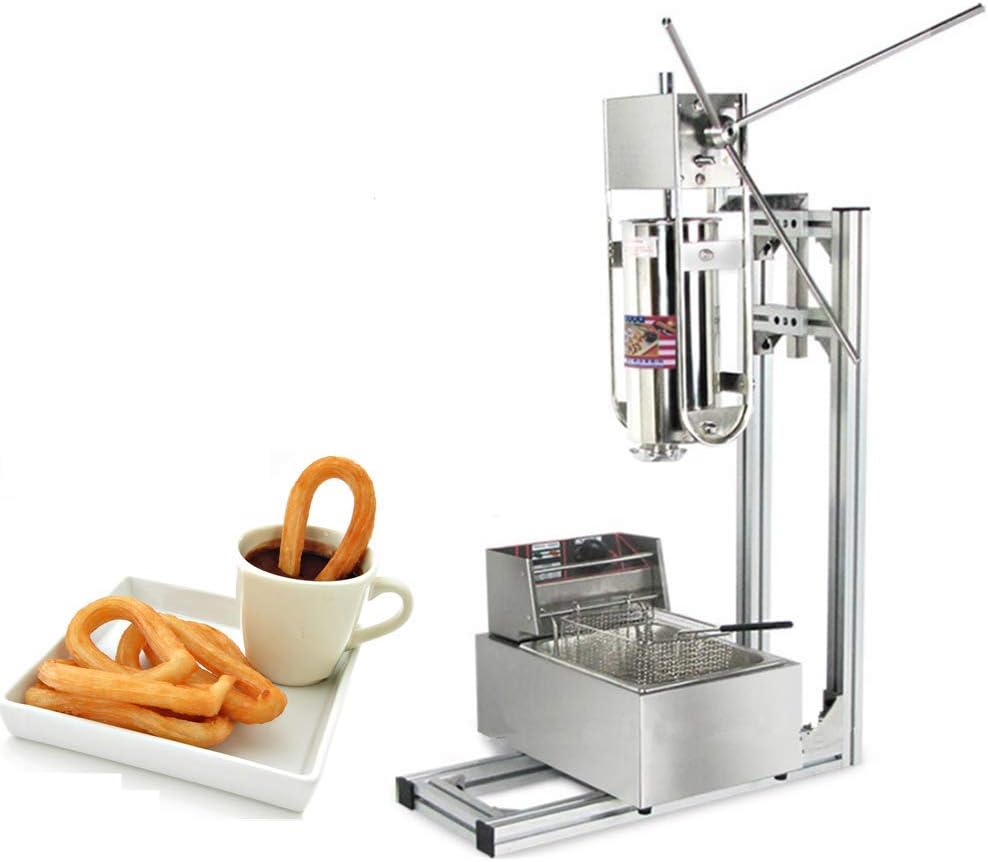 JIAWANSHUN 5L Commercial Churros Maker Spanish Churros Making Machine with 6L Electric Deep Fryer 5 Molds (220V)