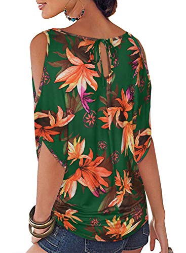 Women's Floral Summer Cold Shoulder Tops Casual Scoop Neck Short Sleeve T-Shirt