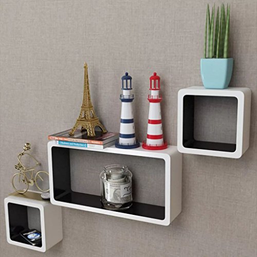Festnight Set of 3 Floating Shelves White-Green MDF Floating Wall Display Shelf Cubes Book DVD Storage Home Decor Bookshelf Furniture (Black White)