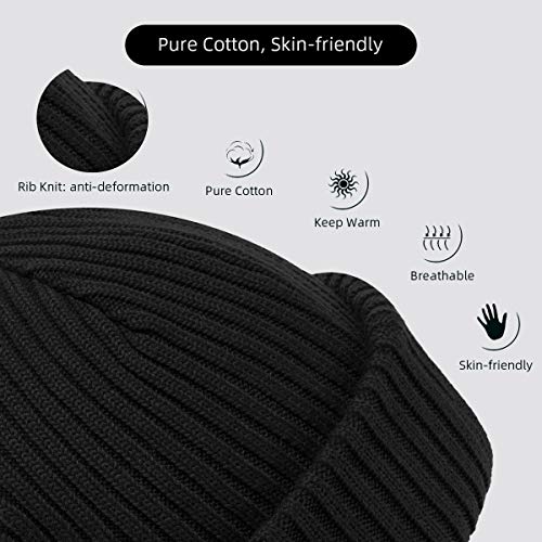 ZOWYA MENS WINTER KNIT BEANIE HAT, RIB WATCH CAP SKULL CAP WINTER SKI HAT FOR DAILY, 1 HAT 2 STYLE (BLACK)