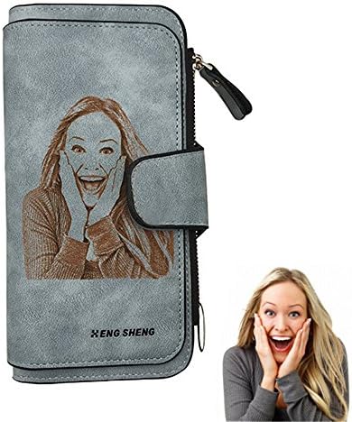 Personalized Mens Vintage Leather Wallet Custom women Engraved photo Long Wallets For Men Card Holder fathers day gift(Blue Single Side)