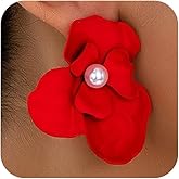 Chunky Large Gold Flower Stud Earring for Women Statement, Boho Big Red Irregular Floral Pearl Earrings Trendy Y2K Prom Party Jewelry Accessories Gift