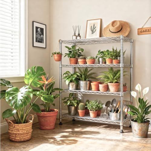 M MZG Heavy Duty 4 Tier Metal Shelving Unit, Up to 636 kg, Adjustable Shelves for Garage, Workshop and Warehouse, Studio, Chrome, 40 x 115 x 151 cm