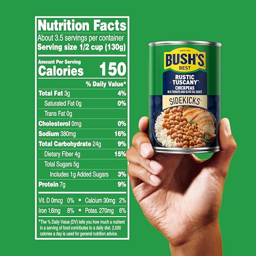 BUSH’S BEST GARBANZOS CHICKPEAS, RUSTIC TUSCANY FLAVOR, SOURCE OF PLANT BASED PROTEIN AND FIBER, LOW FAT, GLUTEN FREE, 15.5 OZ