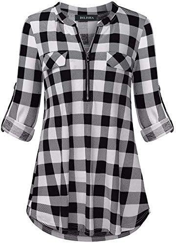 DILISHA Women's 3/4 Sleeve Zipper V Neck Shirts Casual Blouses Tunic Tops