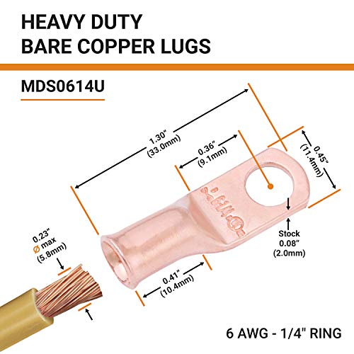 SELTERM 10pcs 6 AWG 1/4" Stud Battery Lugs, Heavy Duty Wire Lugs, Ring Terminals, Battery