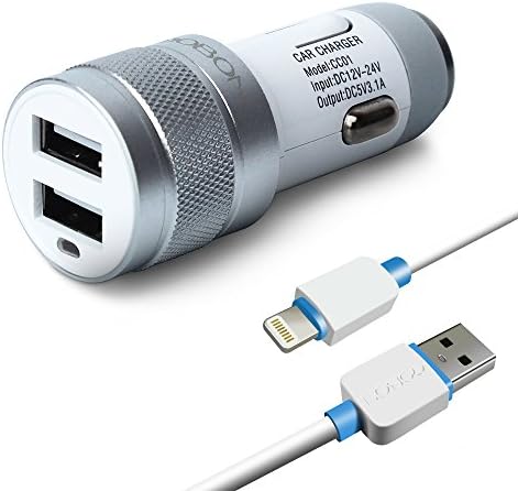 Car Charger(with 3 Feet of Lighting Cable),YOBON Quick Charge 5V /3.1A Dual USB Car Charger with Emergency Hammer for Apple, Android and Other USB Powered Devices(Silver)