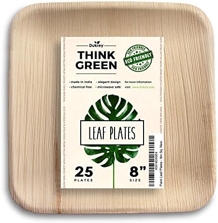 Dukrey Disposable Palm Leaf Plates, Square | Compostable + Biodegradable | 8 Inch, 25 Count