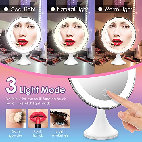 BEQOOL 10X Magnifying Lighted Makeup Mirror with Lights, 360°Rotation Vanity Mirror Portable Hand Cosmetic Light Up LED Mirror with Strong Sticky Suction Cup for Home Bathroom Shower Travel (Silver)