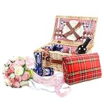 Woworld 2 Person Traditional Wicker Picnic Basket Hamper with Cutlery,Plates,Wine Glasses,Waterproof Picnic Blanket Red/White Liner