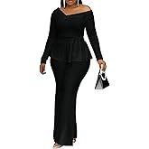 Aro Lora Womens Sexy 2 Piece Outfits One Off Shoulder Long Sleeve Slit Peplum Top and Flare Pant Suit Set