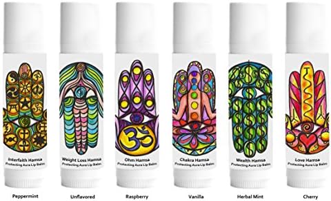 6 Protecting Aura Flavored Vegan Moisturizing Set of Lip Balm in Weight Loss Ohm Interfaith Wealth Chakra Love Hamsa Gift Pack